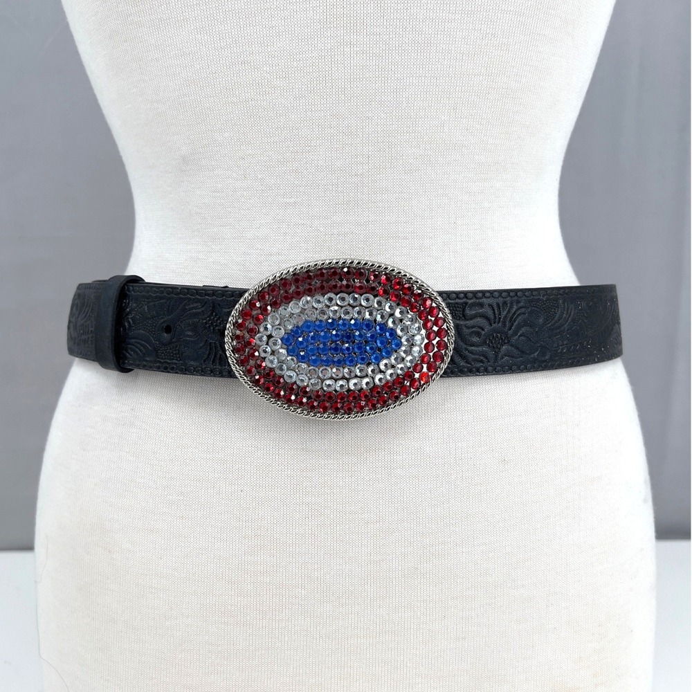 Womens Western Belt Rhinestone Patriotic Red White Blue Americana Buckle ML